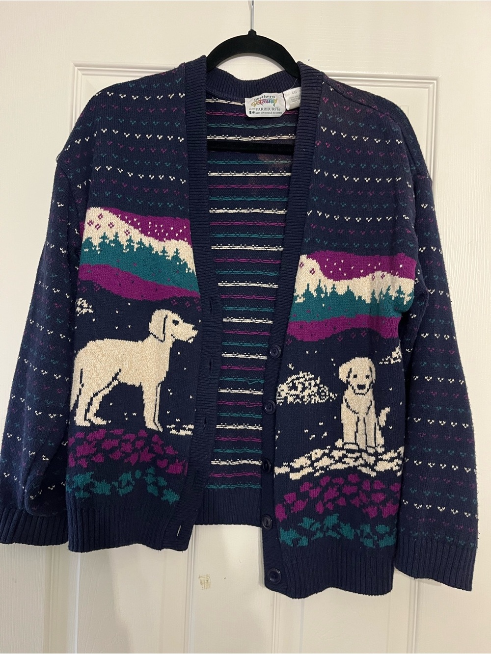 Parkhurst Navy Purple Teal Dog Scenic Cardigan